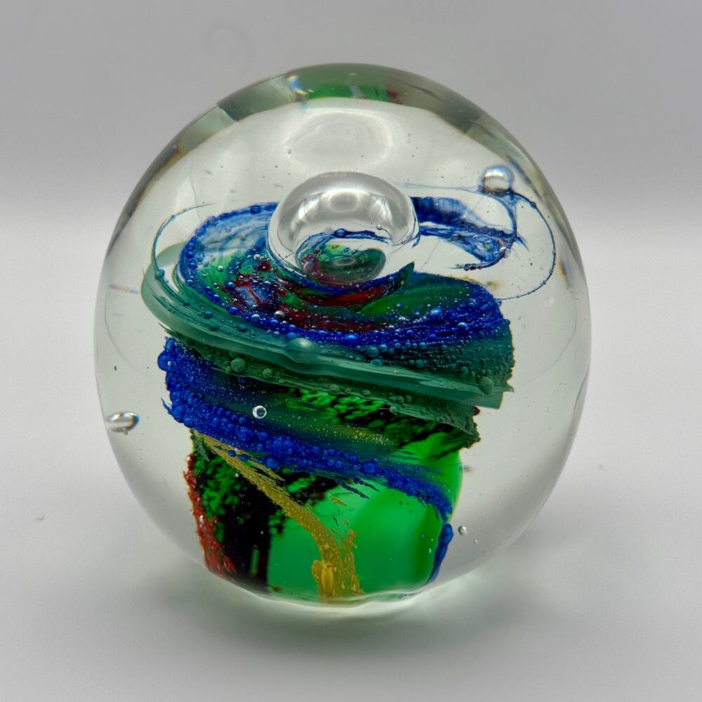 Art Glass Paperweight Abstract Tornado Vortex Multicolor Bubble 3" 1.4 lb